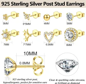 Small Gold Stud Earrings Set for Women Hypoallergenic S925 Sterling Silver Post Butterfly CZ Stud Cartilage Earring Set for Sensitive Ears Jewelry Gift