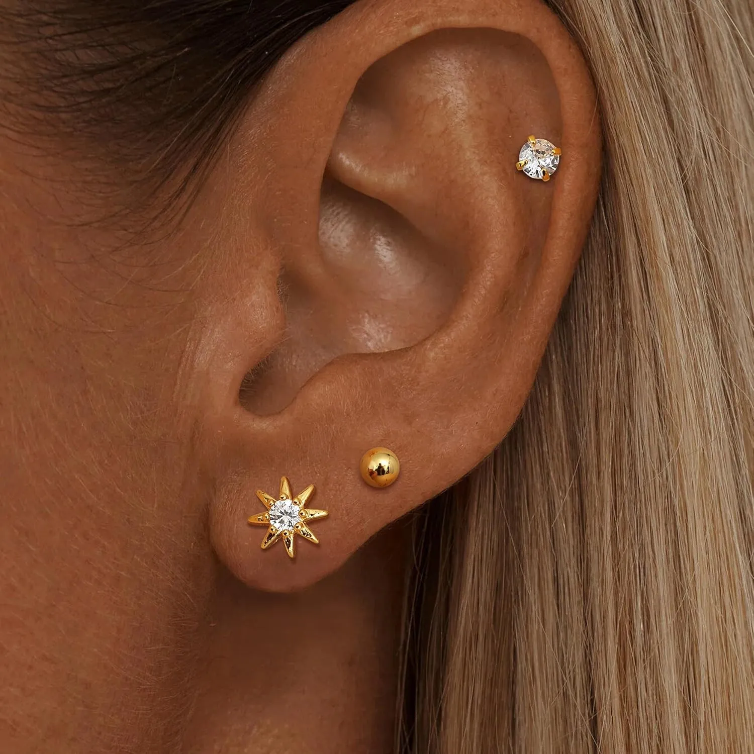 Small Gold Stud Earrings Set for Women Hypoallergenic S925 Sterling Silver Post Butterfly CZ Stud Cartilage Earring Set for Sensitive Ears Jewelry Gift