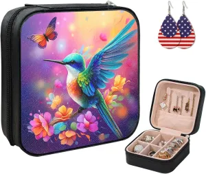 Small Jewelry Box Travel Jewelry Case Portable PU Leather for Girls Women Jewelry Organizer with American Flag Earrings, Storage Earring, Necklace, Rings, Beautiful Hummingbird