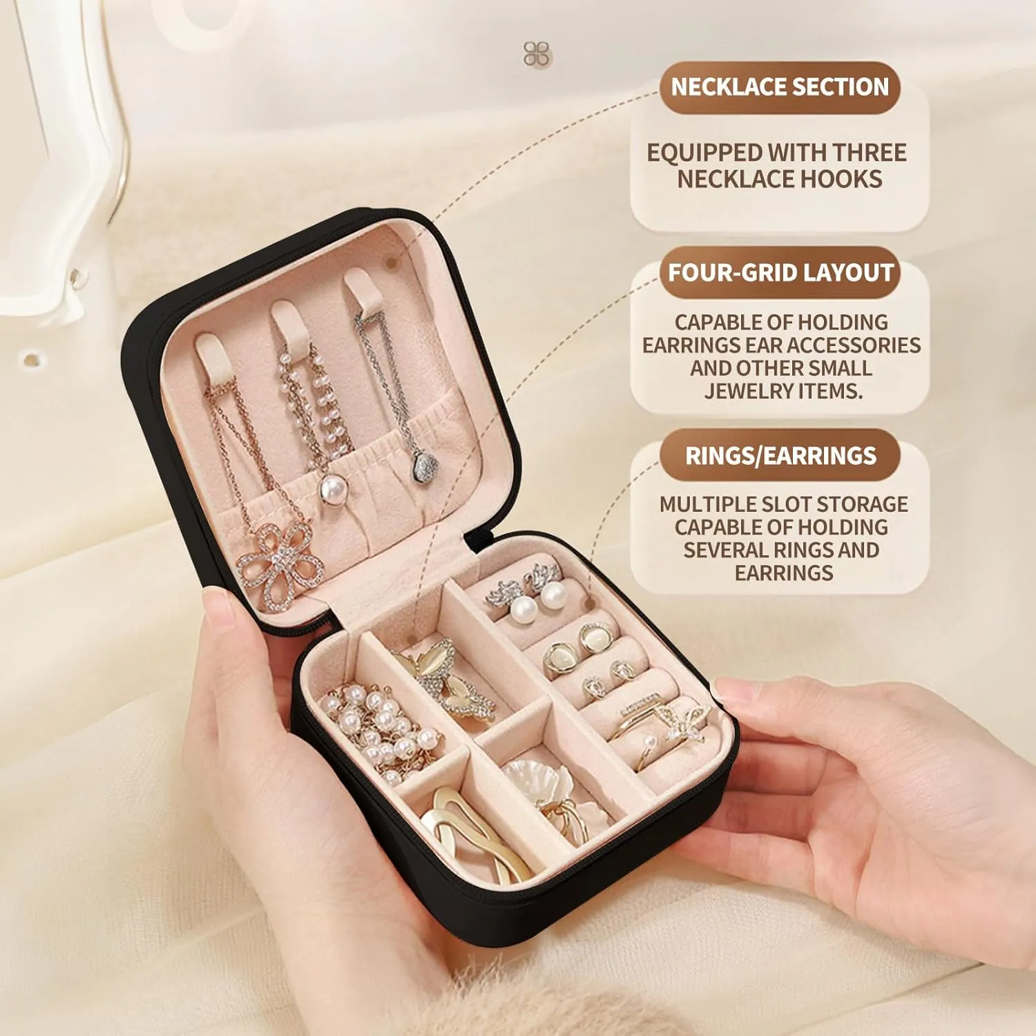Small Jewelry Box Travel Jewelry Case Portable PU Leather for Girls Women Jewelry Organizer with Mirror, Storage Earring, Necklace, Rings, Beautiful Girl