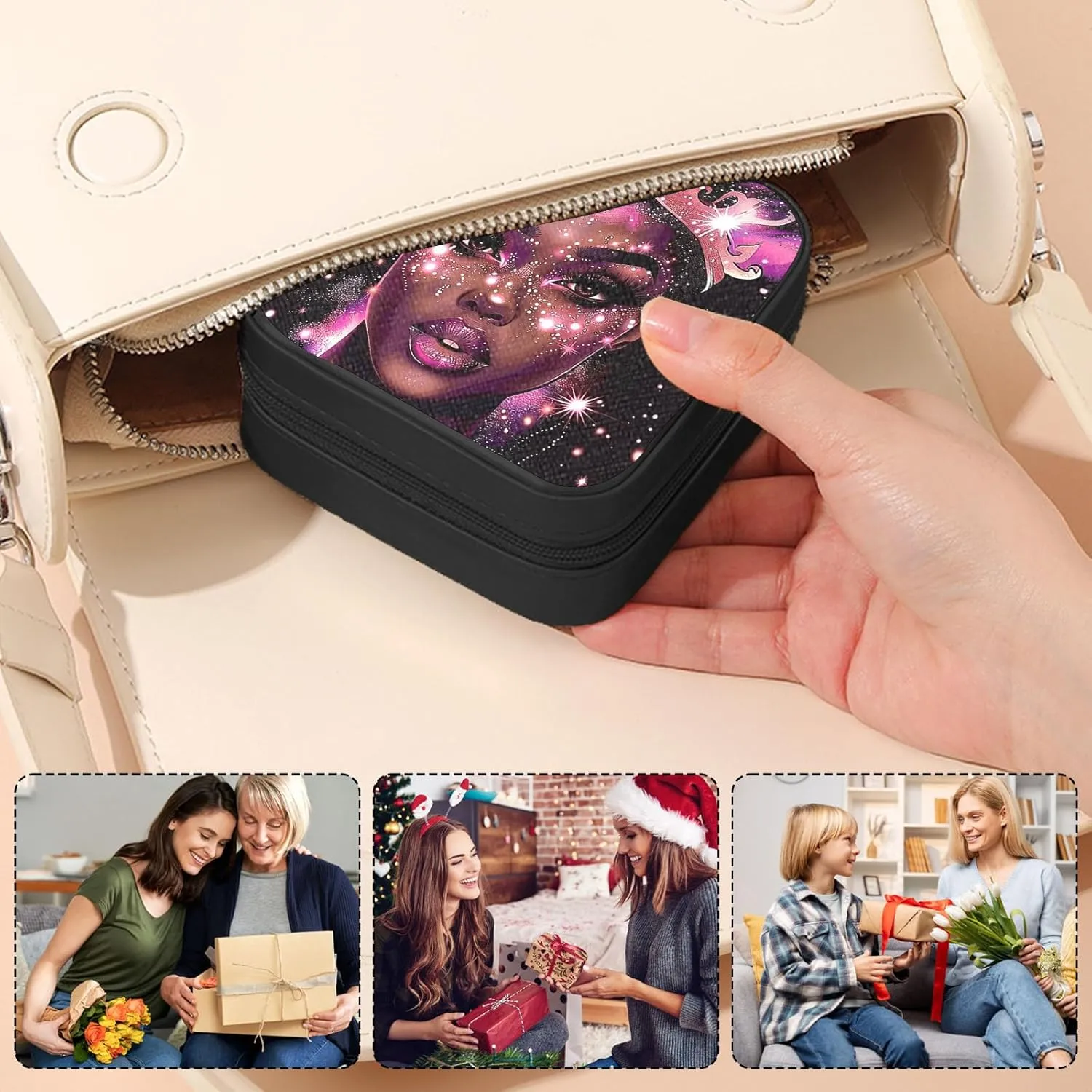 Small Jewelry Box Travel Jewelry Case Portable PU Leather for Girls Women Jewelry Organizer with Mirror, Storage Earring, Necklace, Rings, Beautiful Girl