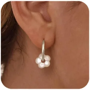 Small Pearl Flower Hoop Earrings for Women, Dainty Everyday Simple Flower Hoop Earring Minimalist Jewelry Cute Gifts