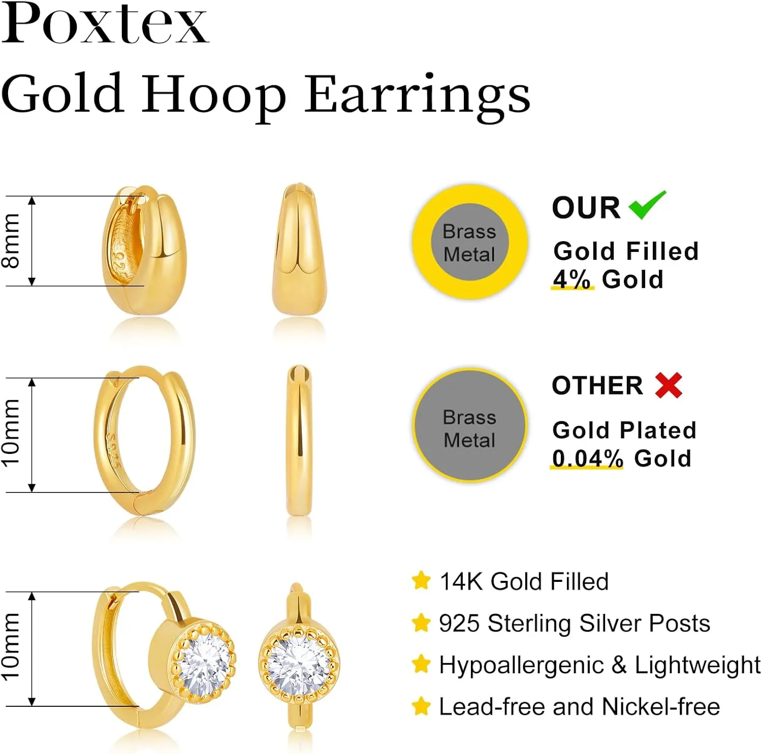 Small Sterling Silver Huggie Hoop Earrings Set for Women, 14K Gold Plated Cartilage Earings for Multiple Piercing Hypoallergenic Trendy Jewelry, Dainty Tiny Mini Stack Cubic Zircon Earring Gift