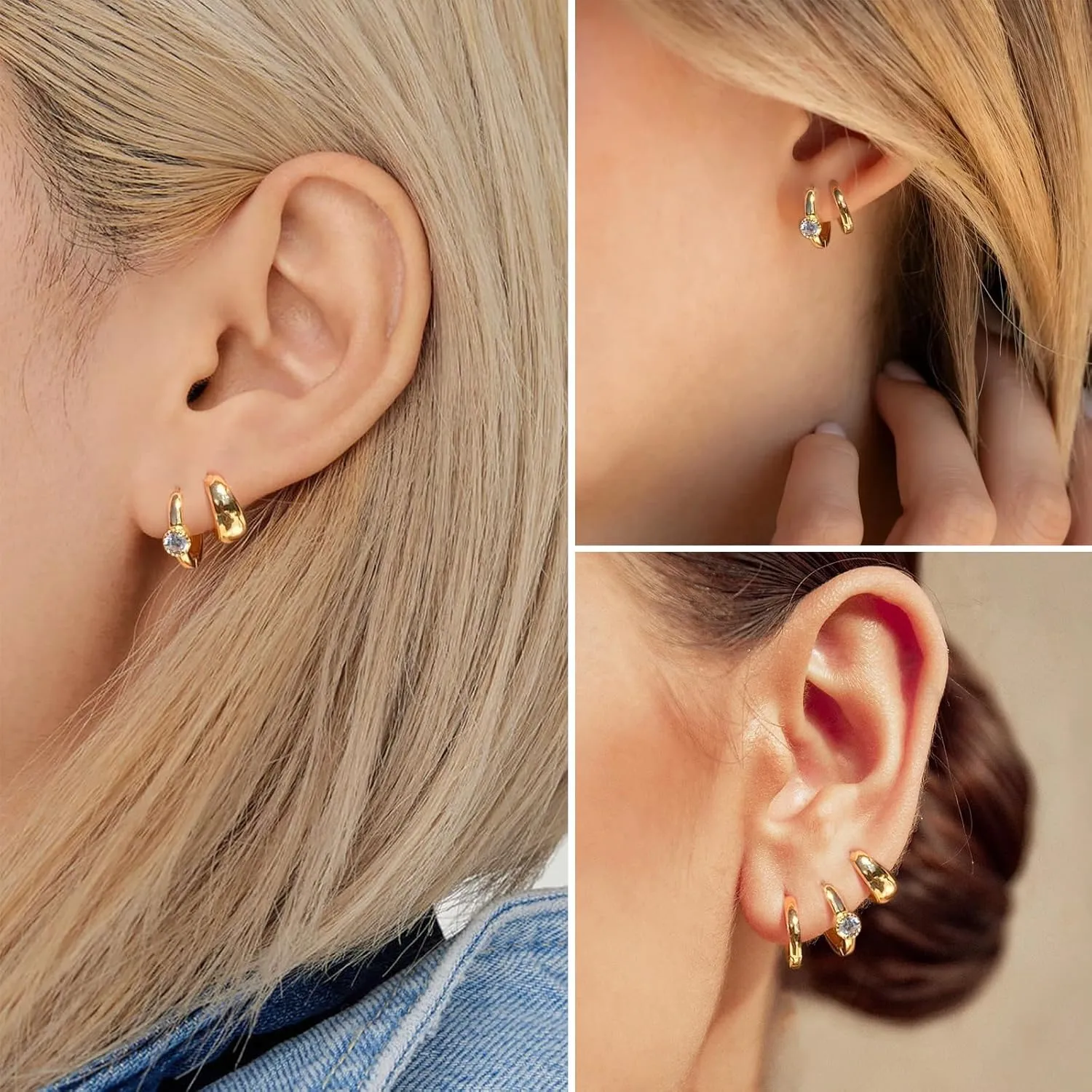 Small Sterling Silver Huggie Hoop Earrings Set for Women, 14K Gold Plated Cartilage Earings for Multiple Piercing Hypoallergenic Trendy Jewelry, Dainty Tiny Mini Stack Cubic Zircon Earring Gift