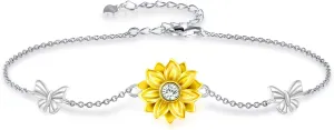 SNZM Bracelets for Women-925 Sterling Silver Sunflower Bracelet Chain Adjustable Heart Charm Link Birthday Sunflower Jewelry Gifts for Women/Daughter/Girlfriend
