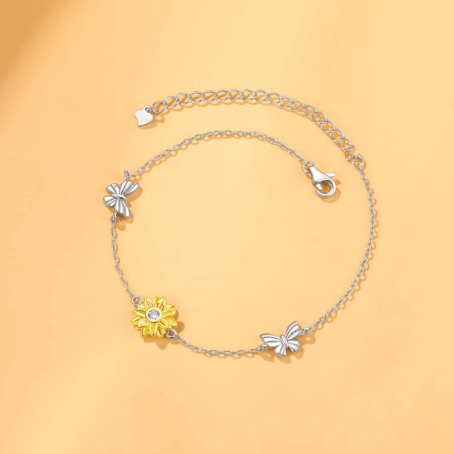 SNZM Bracelets for Women-925 Sterling Silver Sunflower Bracelet Chain Adjustable Heart Charm Link Birthday Sunflower Jewelry Gifts for Women/Daughter/Girlfriend