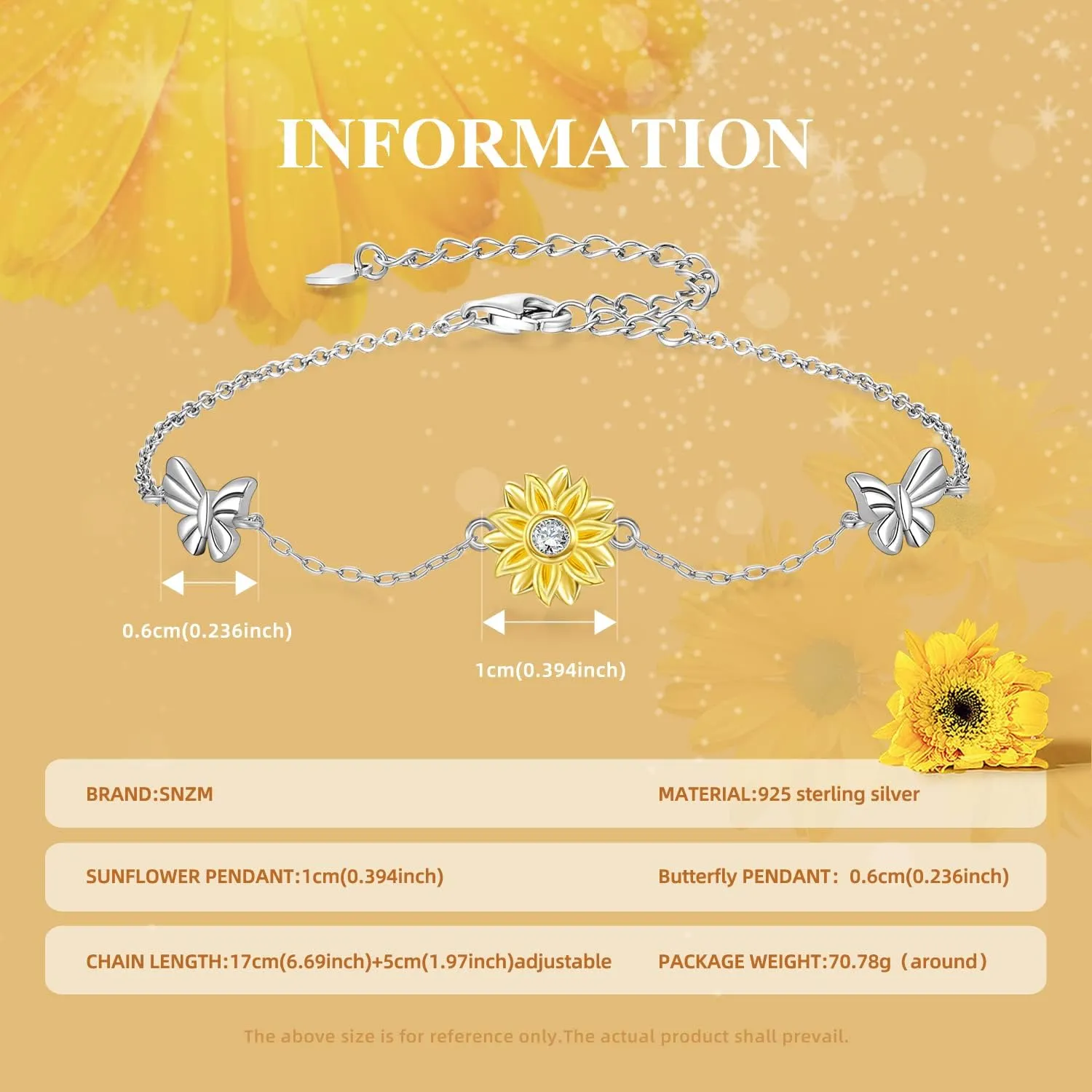 SNZM Bracelets for Women-925 Sterling Silver Sunflower Bracelet Chain Adjustable Heart Charm Link Birthday Sunflower Jewelry Gifts for Women/Daughter/Girlfriend
