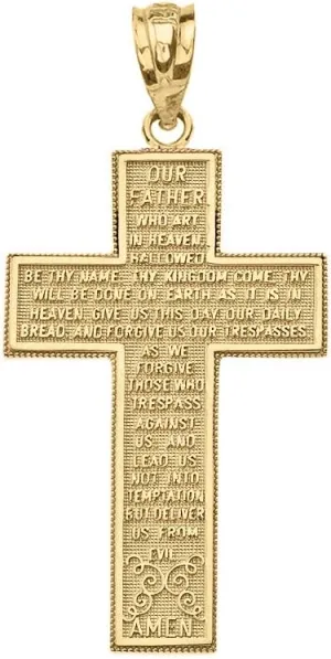 Solid 10k Yellow Gold Our Father Lord's Prayer Cross Pendant