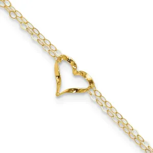 Solid 14k Yellow Gold Double Strand Heart 9 with 1 Ext Anklet 9"