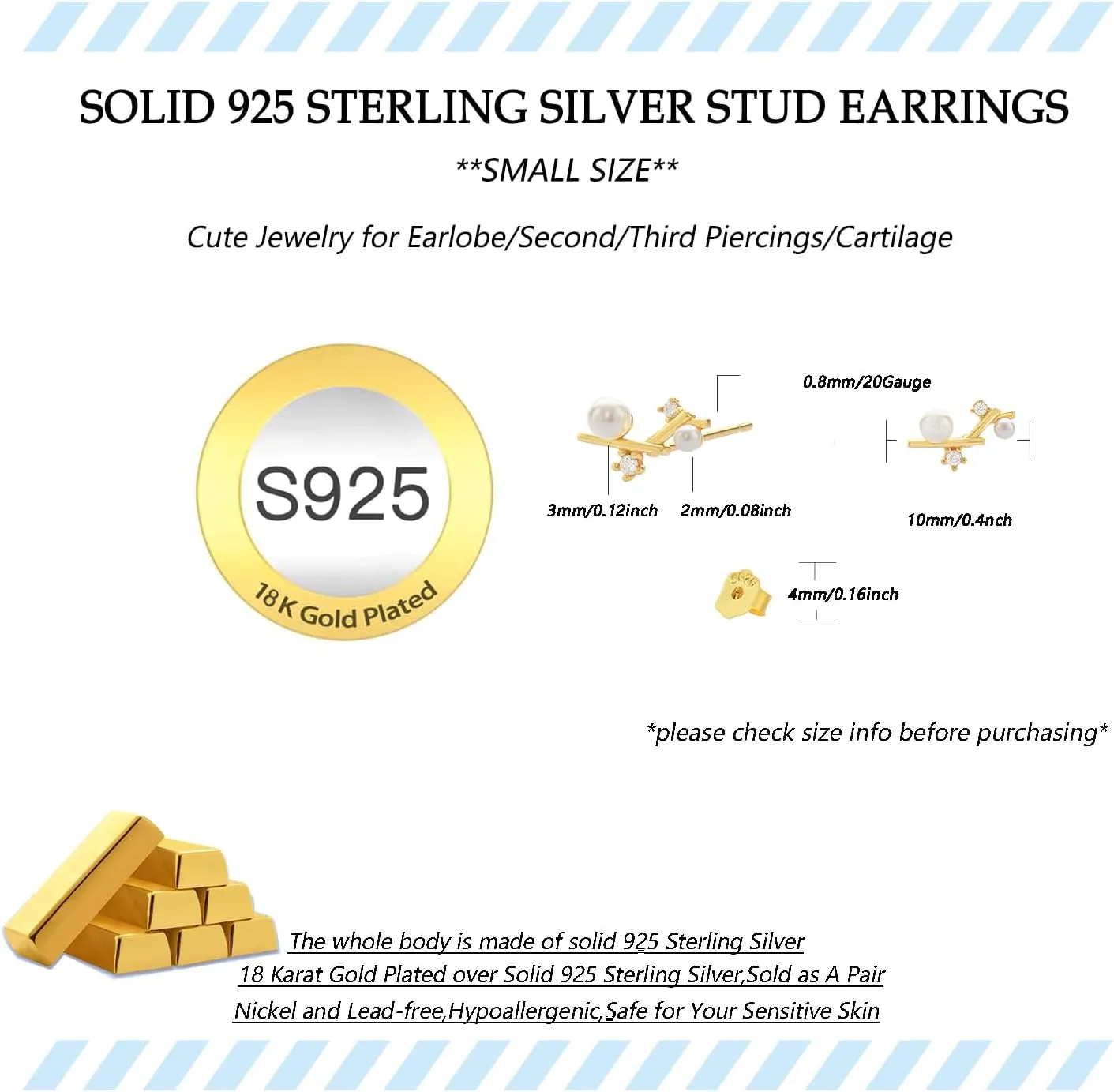 Solid 925 Sterling Silver Earrings Small 18K Gold Plated Stud Earrings for Women Trendy Hypoallergenic Cute Earrings Star Moon Sun Heart Cross Dots Pearl CZ Diamond Earrings Jewelry Christmas Gifts