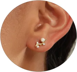 Solid 925 Sterling Silver Earrings Small 18K Gold Plated Stud Earrings for Women Trendy Hypoallergenic Cute Earrings Star Moon Sun Heart Cross Dots Pearl CZ Diamond Earrings Jewelry Christmas Gifts