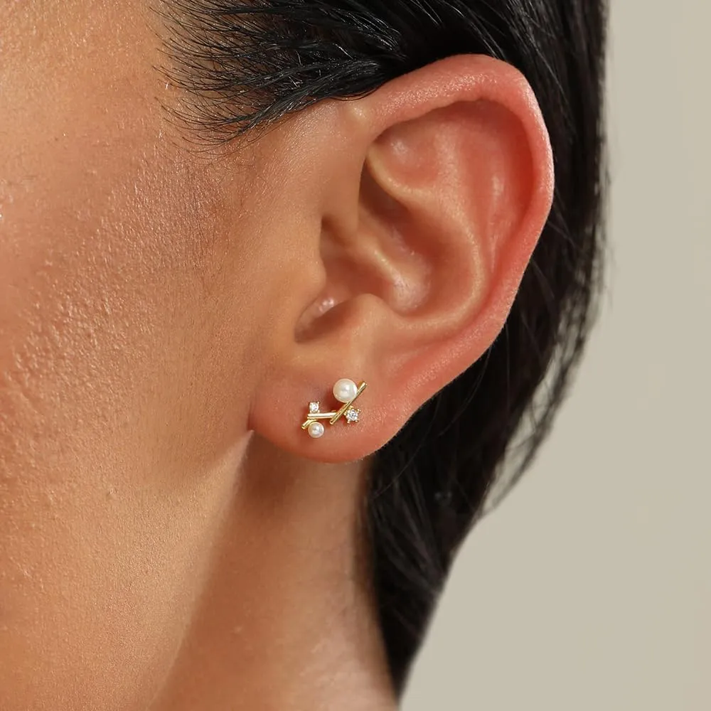 Solid 925 Sterling Silver Earrings Small 18K Gold Plated Stud Earrings for Women Trendy Hypoallergenic Cute Earrings Star Moon Sun Heart Cross Dots Pearl CZ Diamond Earrings Jewelry Christmas Gifts