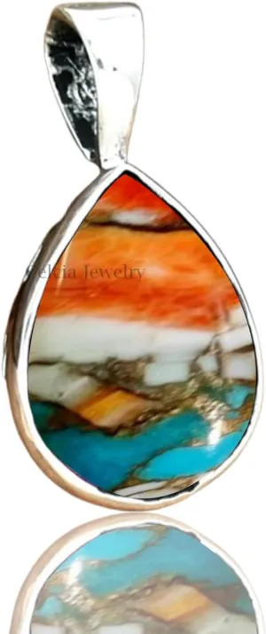 Solid 925 Sterling Silver Pendant for Men Women, Natural Mystic Topaz Faceted Pear Gemstone Unique Handcrafted Pendant for Her Him (US Ring size)