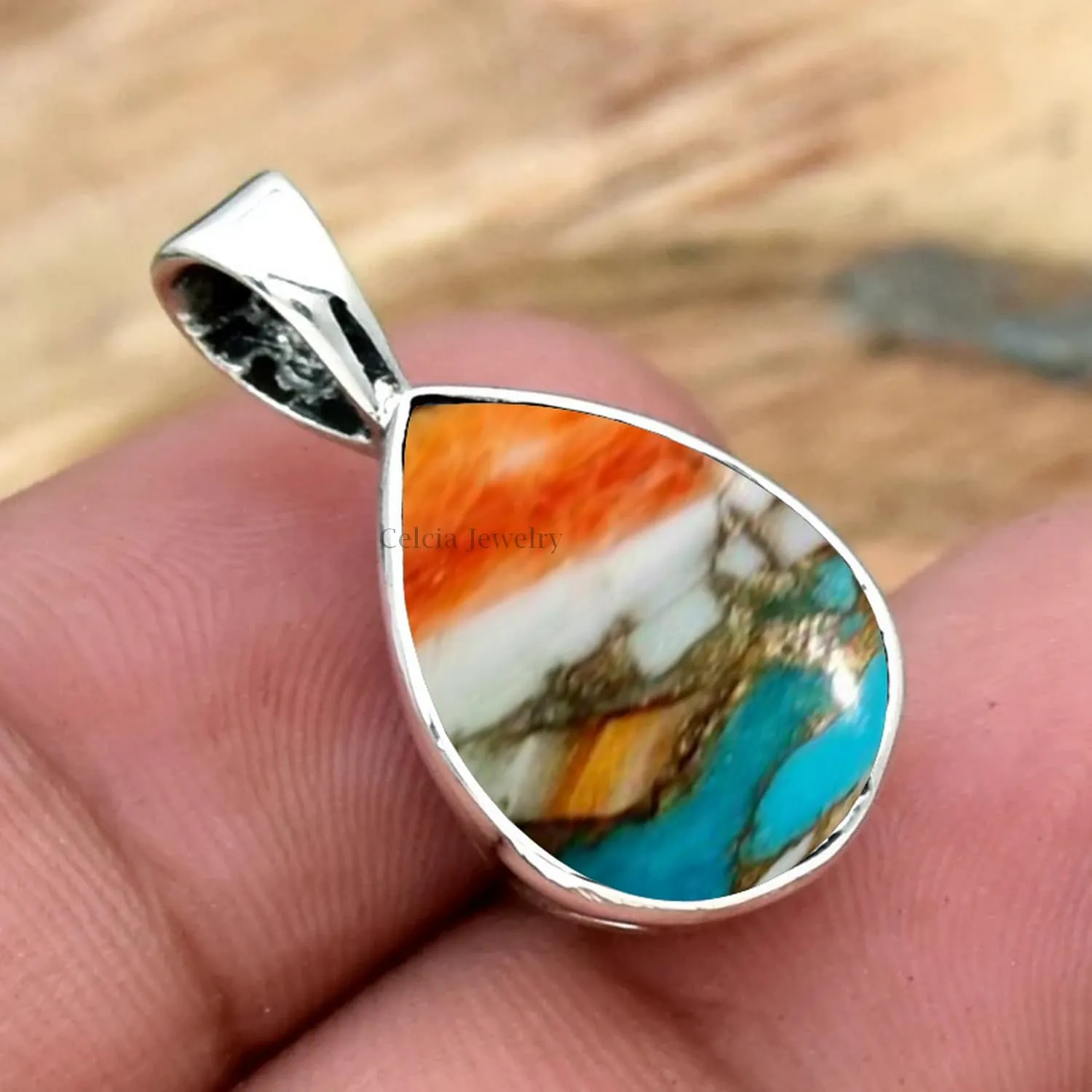 Solid 925 Sterling Silver Pendant for Men Women, Natural Mystic Topaz Faceted Pear Gemstone Unique Handcrafted Pendant for Her Him (US Ring size)