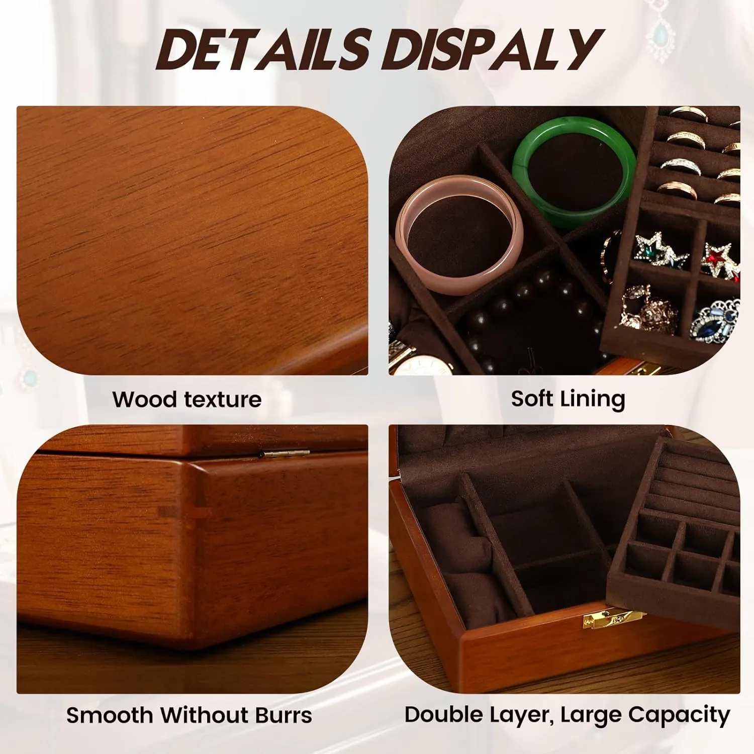 Solid Walnut Wood Jewelry Box with Lock,2 Layer Velvet Lined for Earrings Rings Necklaces Bracelets Watches,Both Style and Security, for Men Women,Vintage Brown
