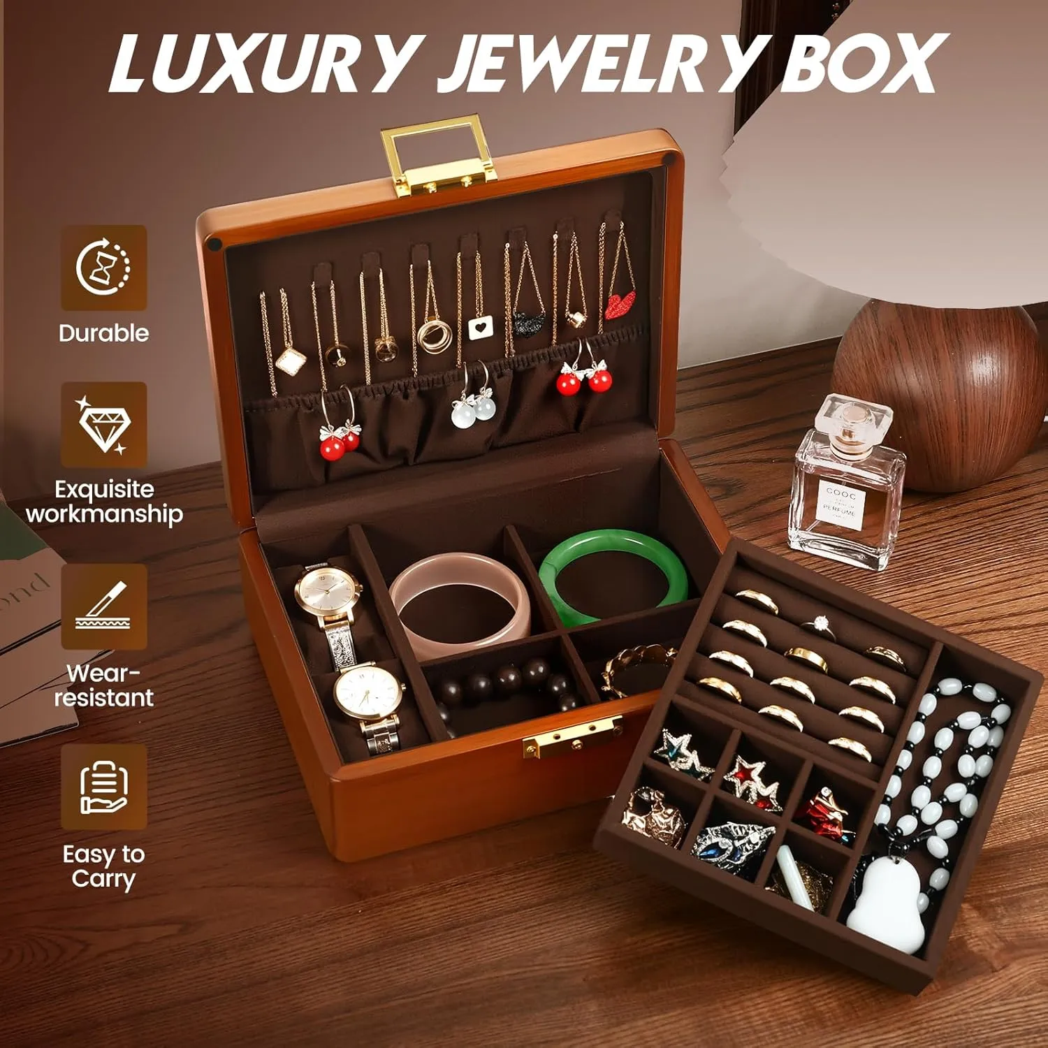 Solid Walnut Wood Jewelry Box with Lock,2 Layer Velvet Lined for Earrings Rings Necklaces Bracelets Watches,Both Style and Security, for Men Women,Vintage Brown