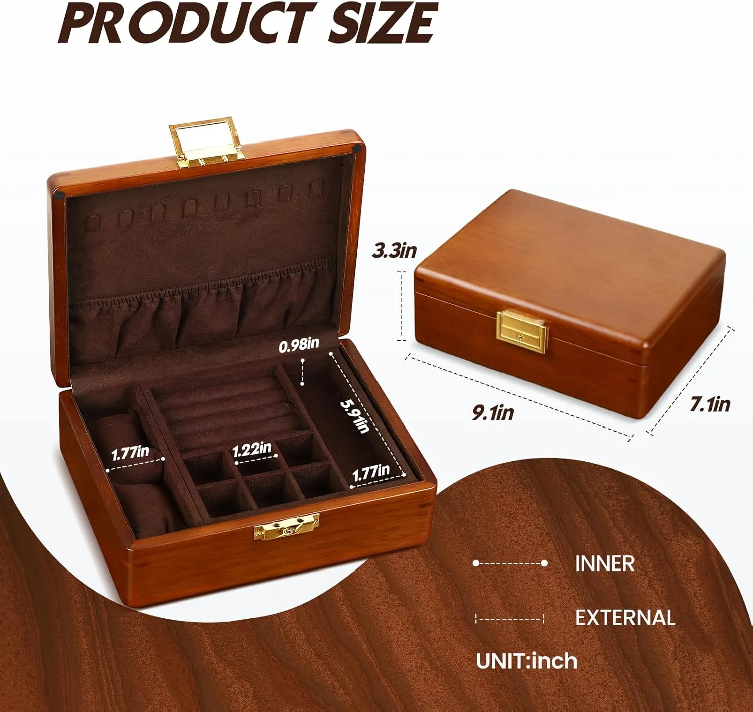Solid Walnut Wood Jewelry Box with Lock,2 Layer Velvet Lined for Earrings Rings Necklaces Bracelets Watches,Both Style and Security, for Men Women,Vintage Brown