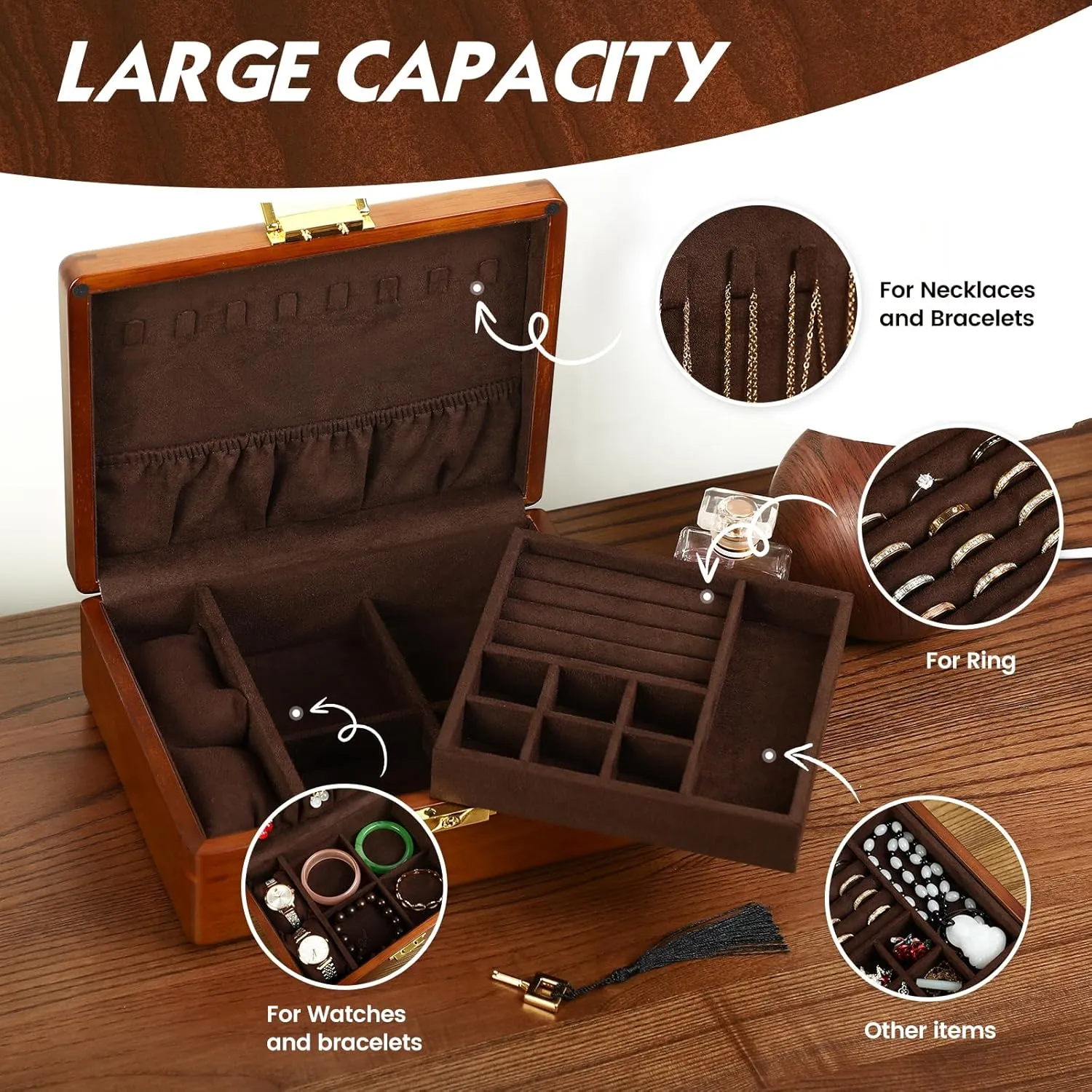 Solid Walnut Wood Jewelry Box with Lock,2 Layer Velvet Lined for Earrings Rings Necklaces Bracelets Watches,Both Style and Security, for Men Women,Vintage Brown