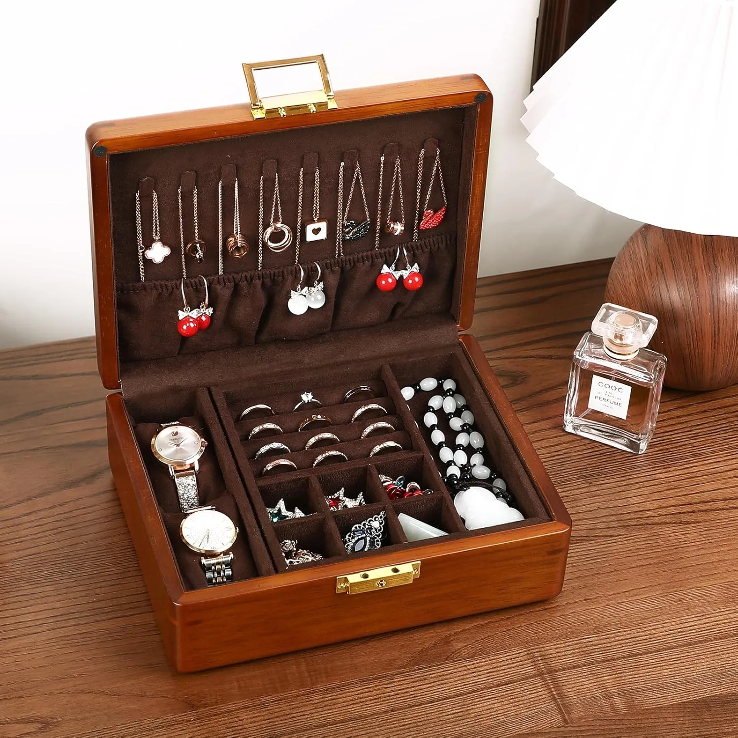 Solid Walnut Wood Jewelry Box with Lock,2 Layer Velvet Lined for Earrings Rings Necklaces Bracelets Watches,Both Style and Security, for Men Women,Vintage Brown