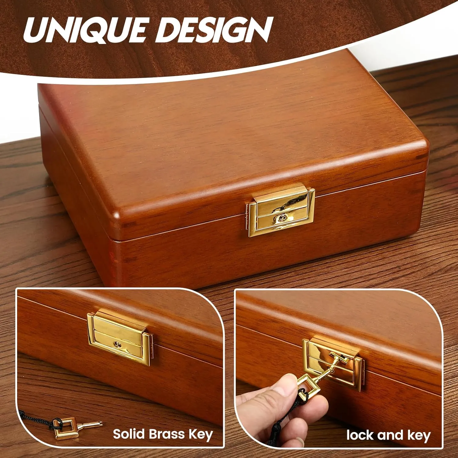 Solid Walnut Wood Jewelry Box with Lock,2 Layer Velvet Lined for Earrings Rings Necklaces Bracelets Watches,Both Style and Security, for Men Women,Vintage Brown