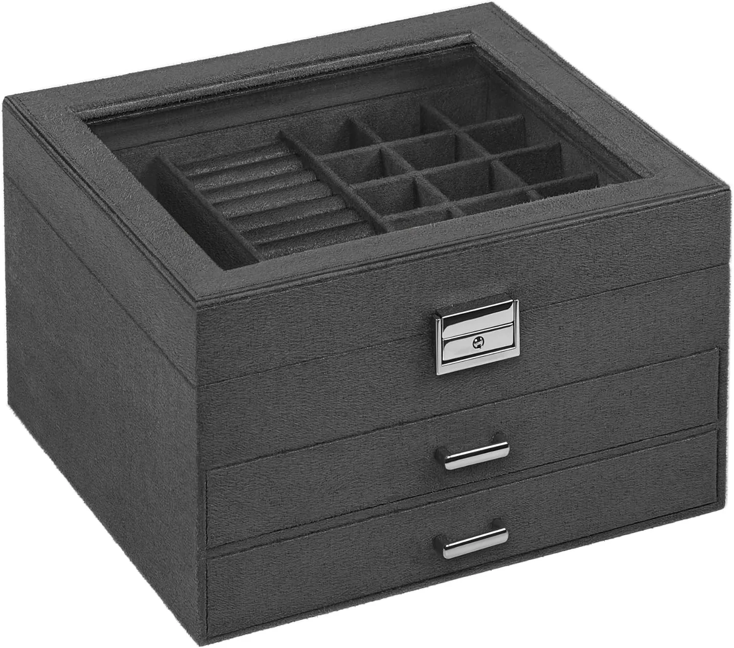 SONGMICS Jewelry Box, Lockable Jewelry Storage Organizer, Jewelry Case with Glass Window, for Rings, Earrings, Studs, Bracelets, Necklaces, Gray UJBC158G01