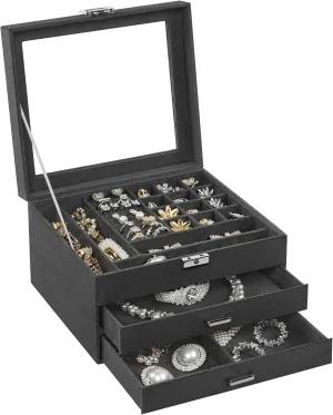 SONGMICS Jewelry Box, Lockable Jewelry Storage Organizer, Jewelry Case with Glass Window, for Rings, Earrings, Studs, Bracelets, Necklaces, Gray UJBC158G01