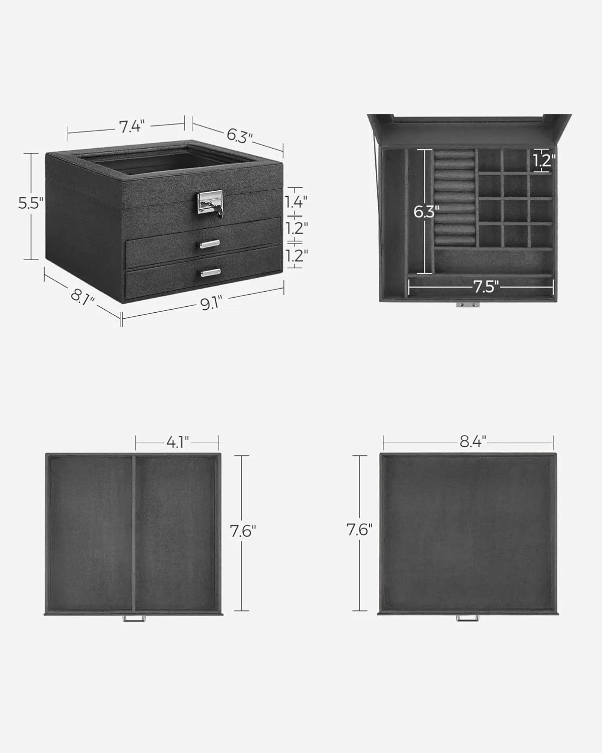 SONGMICS Jewelry Box, Lockable Jewelry Storage Organizer, Jewelry Case with Glass Window, for Rings, Earrings, Studs, Bracelets, Necklaces, Gray UJBC158G01