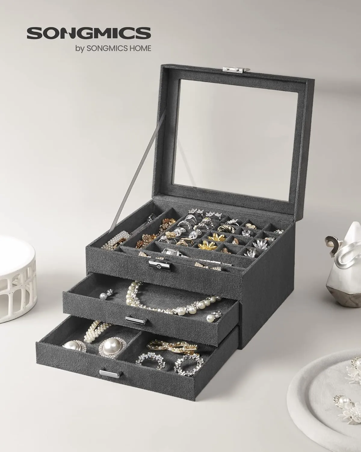 SONGMICS Jewelry Box, Lockable Jewelry Storage Organizer, Jewelry Case with Glass Window, for Rings, Earrings, Studs, Bracelets, Necklaces, Gray UJBC158G01