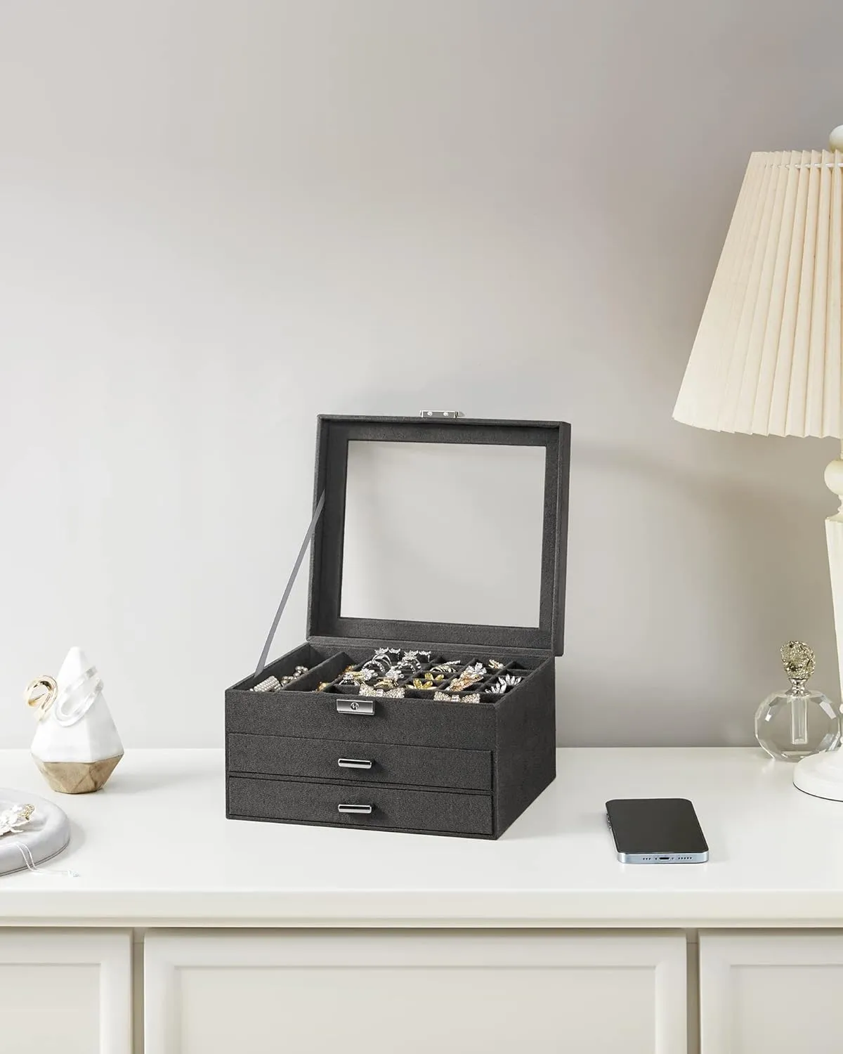 SONGMICS Jewelry Box, Lockable Jewelry Storage Organizer, Jewelry Case with Glass Window, for Rings, Earrings, Studs, Bracelets, Necklaces, Gray UJBC158G01