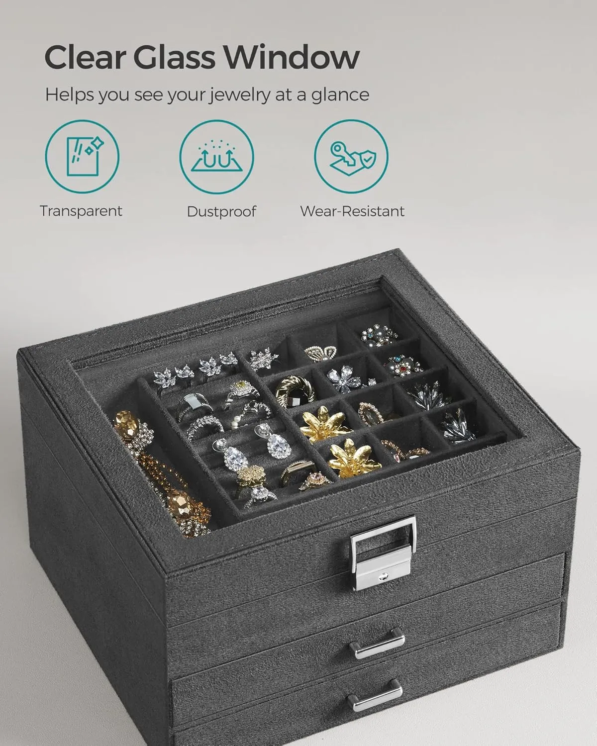 SONGMICS Jewelry Box, Lockable Jewelry Storage Organizer, Jewelry Case with Glass Window, for Rings, Earrings, Studs, Bracelets, Necklaces, Gray UJBC158G01