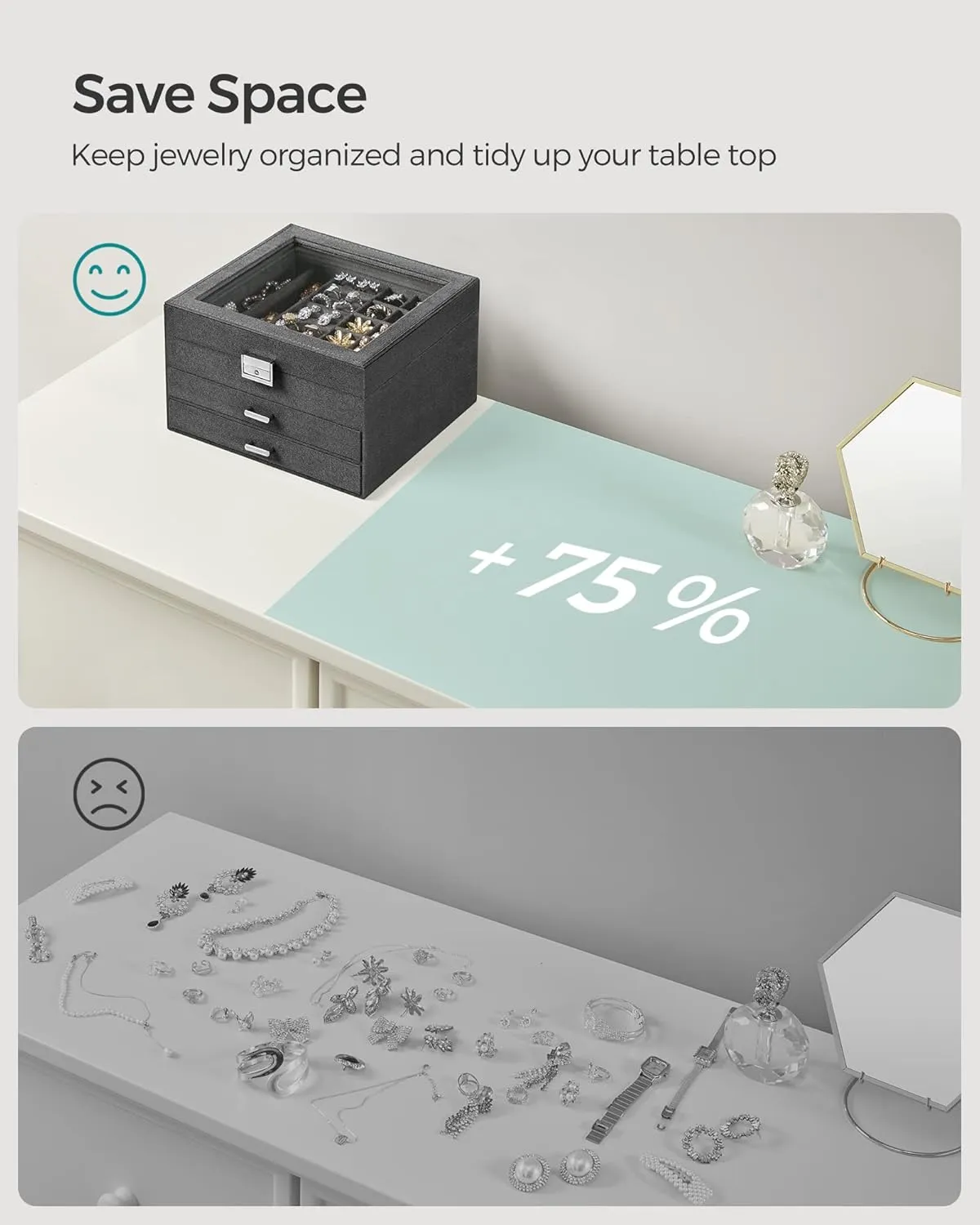 SONGMICS Jewelry Box, Lockable Jewelry Storage Organizer, Jewelry Case with Glass Window, for Rings, Earrings, Studs, Bracelets, Necklaces, Gray UJBC158G01