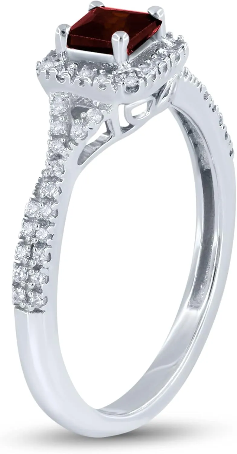 SoulBox 0.72 Carat Natural Princess Red Garnet and Diamond Halo Engagement Ring For Women