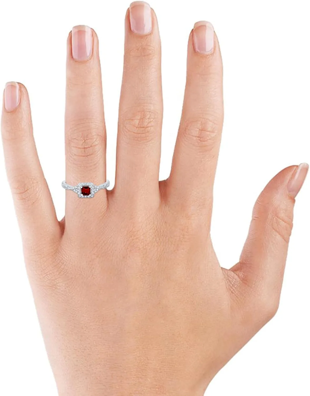 SoulBox 0.72 Carat Natural Princess Red Garnet and Diamond Halo Engagement Ring For Women