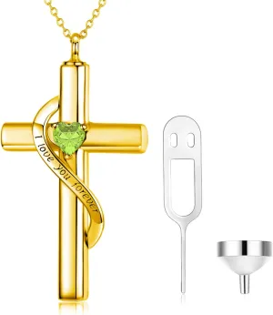 SOULMEET Crystal Cross Necklace for Ashes, Sterling Silver I Love You Forever Birthstone Cross Urn Necklaces for Ashes Keepsake Cremation Jewelry for Pet Human Ashes
