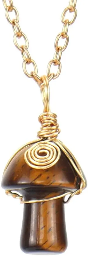 Soyzvteo Mushroom Healing Crystal Stone Necklace Wire Wrapped Mushroom Crystal Pendant Necklace Adjustable Link Chain Quartz Stone Necklace Lucky Amulet Jewelry