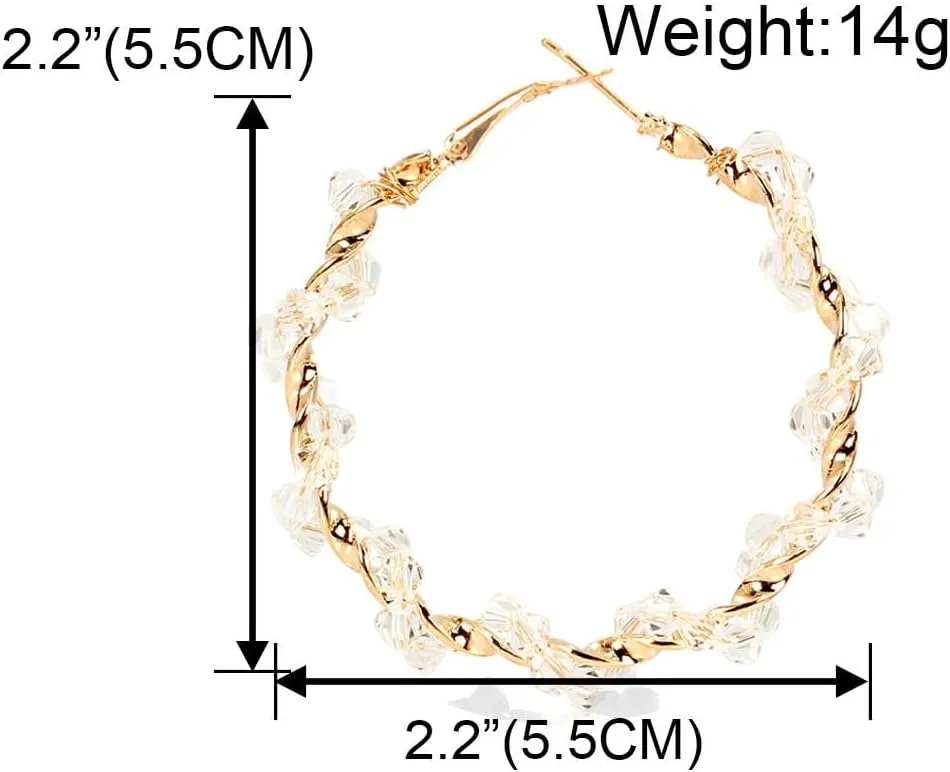 Sparkle Rhinestone Crystal Wrapped Hoop Earrings Glitter Shiny Beads Twist Large Circle Earrings Loop for Women Party Bridal Wedding Statement Jewelry