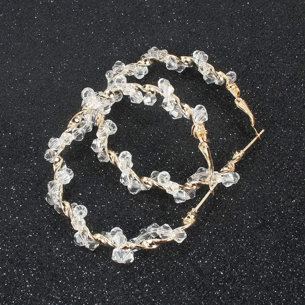 Sparkle Rhinestone Crystal Wrapped Hoop Earrings Glitter Shiny Beads Twist Large Circle Earrings Loop for Women Party Bridal Wedding Statement Jewelry