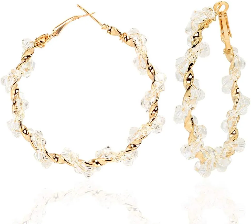 Sparkle Rhinestone Crystal Wrapped Hoop Earrings Glitter Shiny Beads Twist Large Circle Earrings Loop for Women Party Bridal Wedding Statement Jewelry