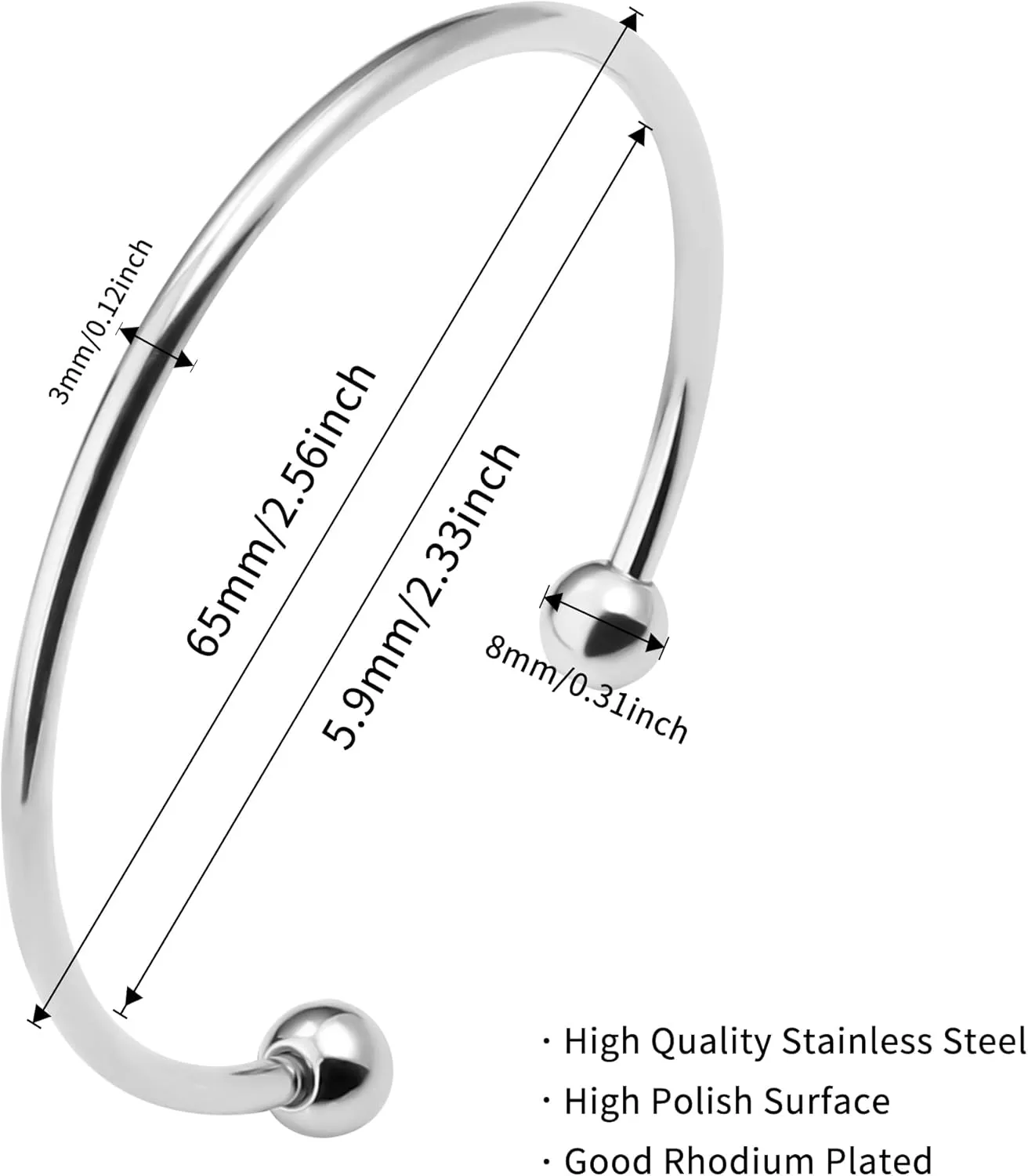 Stainless Steel Adjustable Bangle Bracelets for Women Gold/Silver/Rhodium Plated Simple Bangles Bracelets 3mm Stacking Open Cuff Bangles Set 2 Pcs/lot Gifts Jewelry