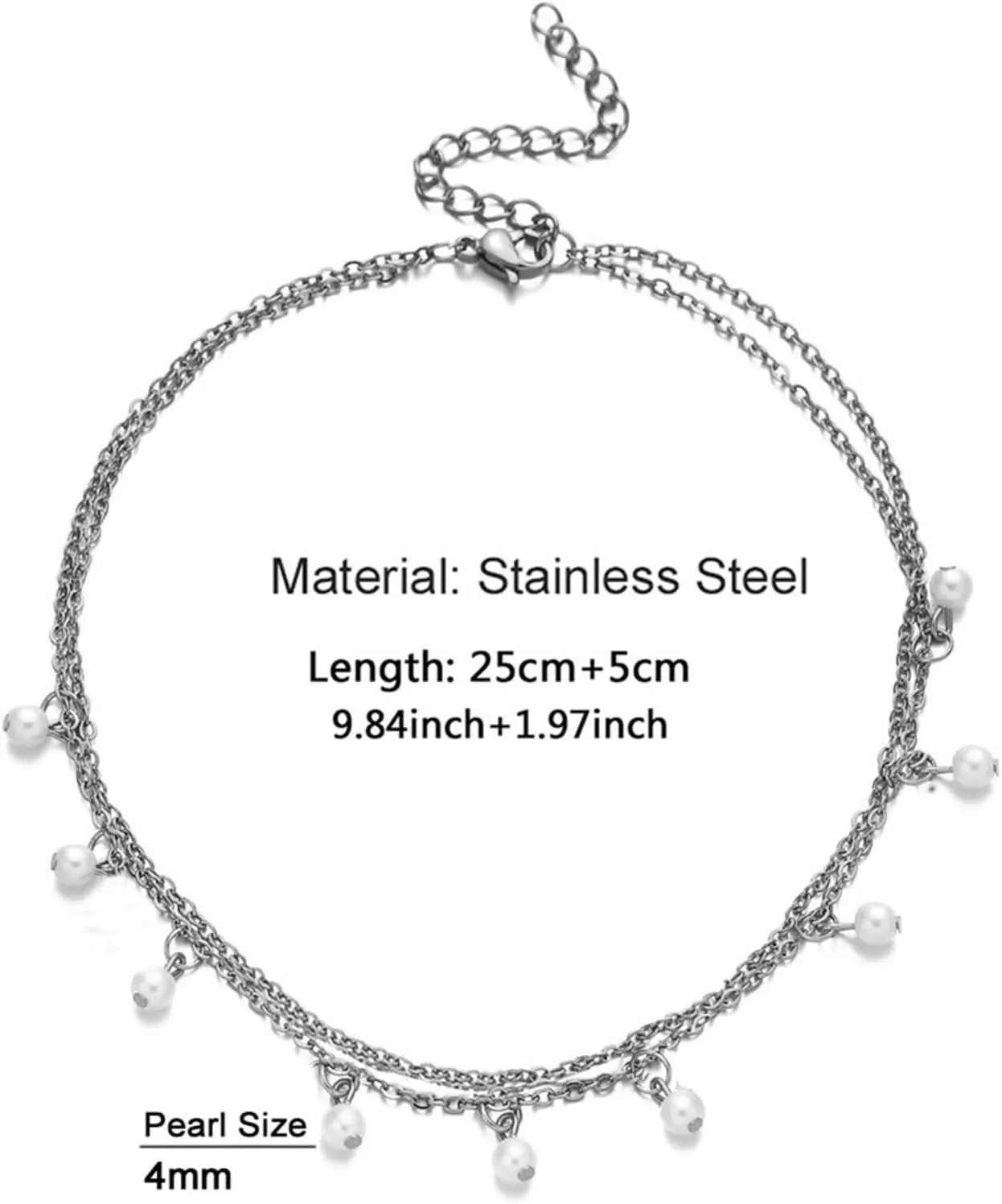 Stainless Steel Anklet for Women, Ankle Braclet Boho Double Chain with Pearls Silver/Gold Foot Jewelry Gifts for Friend