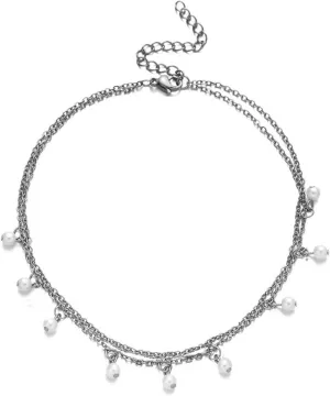 Stainless Steel Anklet for Women, Ankle Braclet Boho Double Chain with Pearls Silver/Gold Foot Jewelry Gifts for Friend