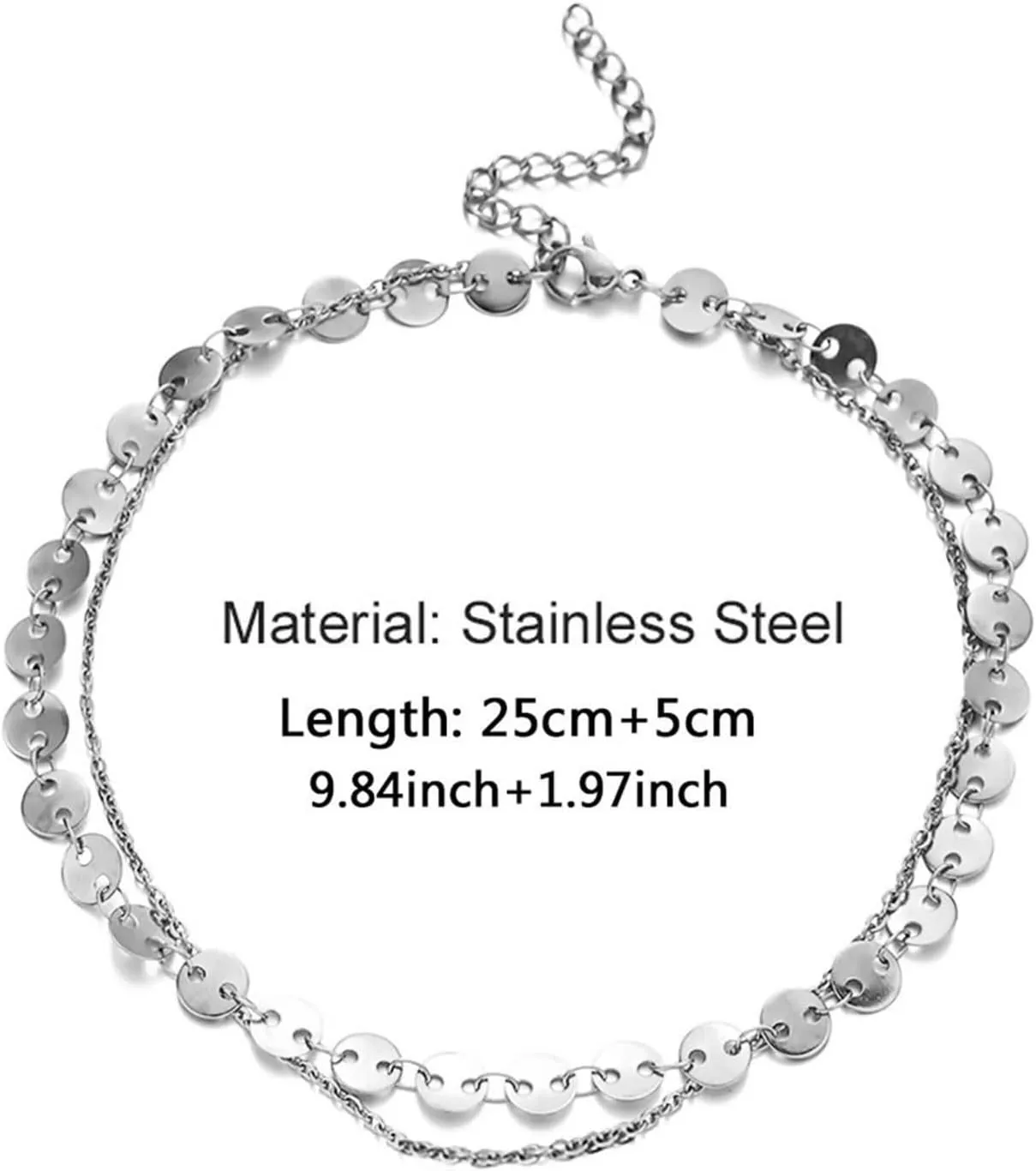 Stainless Steel Anklets, Anklet for Women Boho Double Chain with Round Silver/Gold Foot Jewelry for Vacation Party