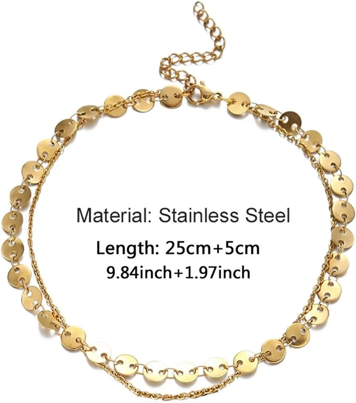 Stainless Steel Anklets, Anklet for Women Boho Double Chain with Round Silver/Gold Foot Jewelry for Vacation Party
