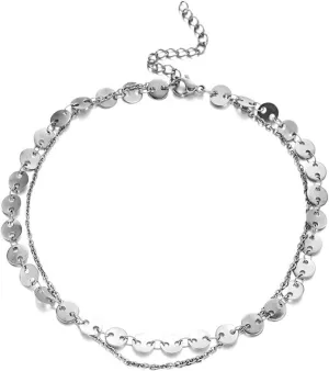 Stainless Steel Anklets, Anklet for Women Boho Double Chain with Round Silver/Gold Foot Jewelry for Vacation Party