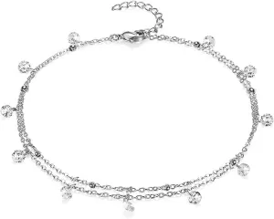 Stainless Steel Anklets, Boho Anklet Women Double Chain with Cubic Zirconia Silver/Gold Foot Jewelry Beach Summer
