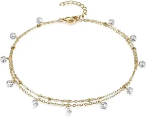 Stainless Steel Anklets, Boho Anklet Women Double Chain with Cubic Zirconia Silver/Gold Foot Jewelry Beach Summer