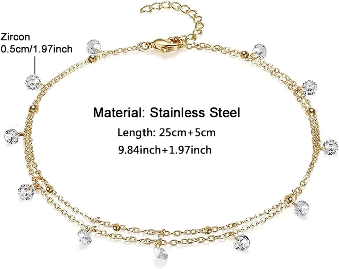 Stainless Steel Anklets, Boho Anklet Women Double Chain with Cubic Zirconia Silver/Gold Foot Jewelry Beach Summer