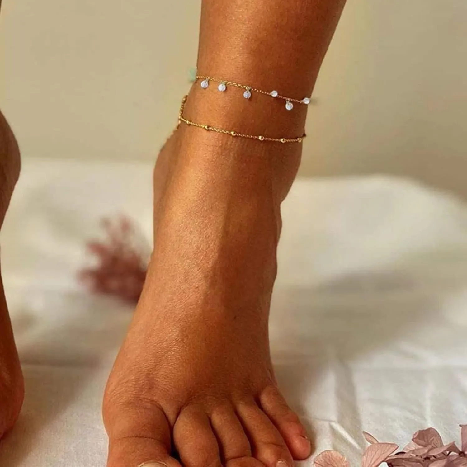 Stainless Steel Anklets, Boho Anklet Women Double Chain with Cubic Zirconia Silver/Gold Foot Jewelry Beach Summer