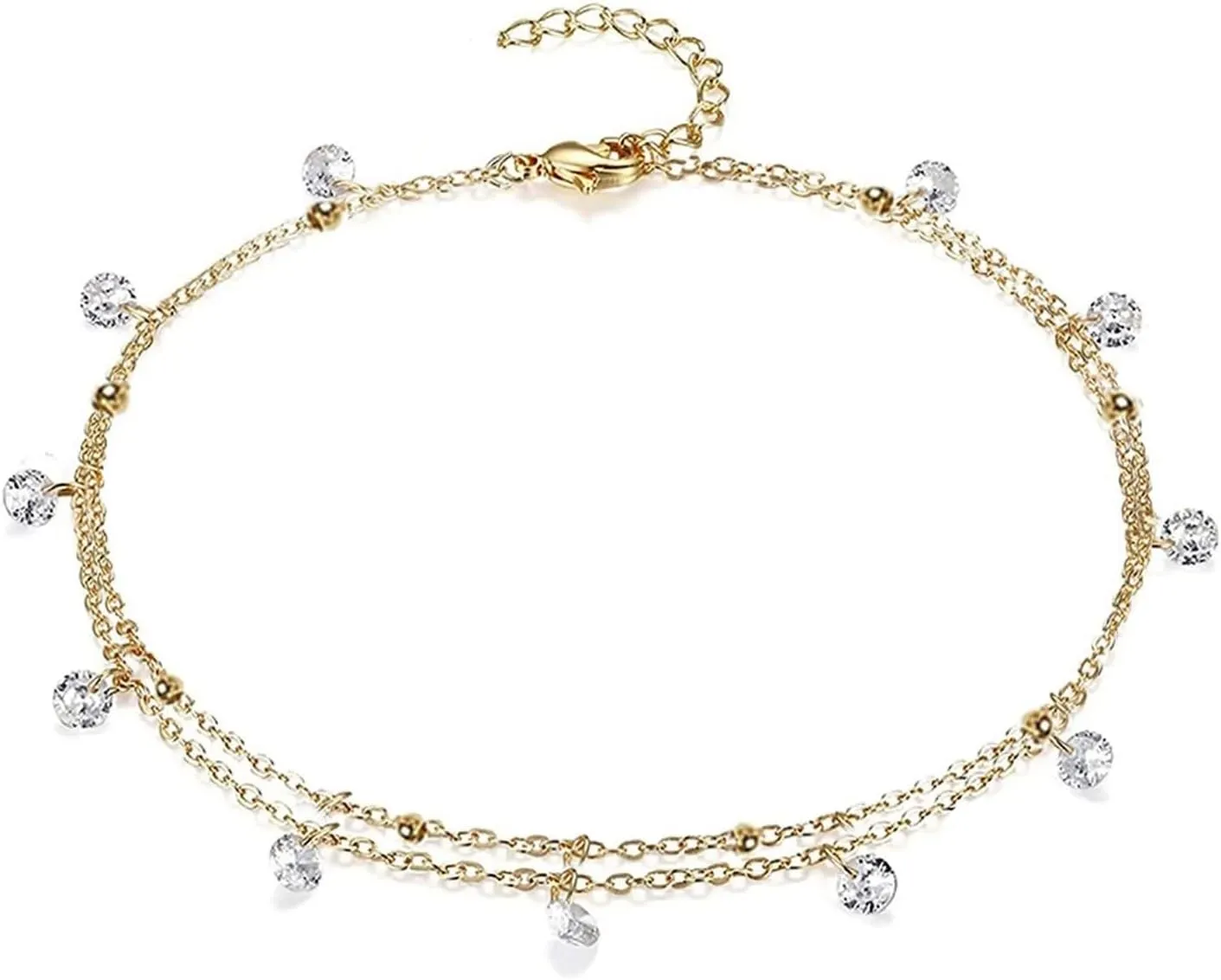 Stainless Steel Anklets, Boho Anklet Women Double Chain with Cubic Zirconia Silver/Gold Foot Jewelry Beach Summer