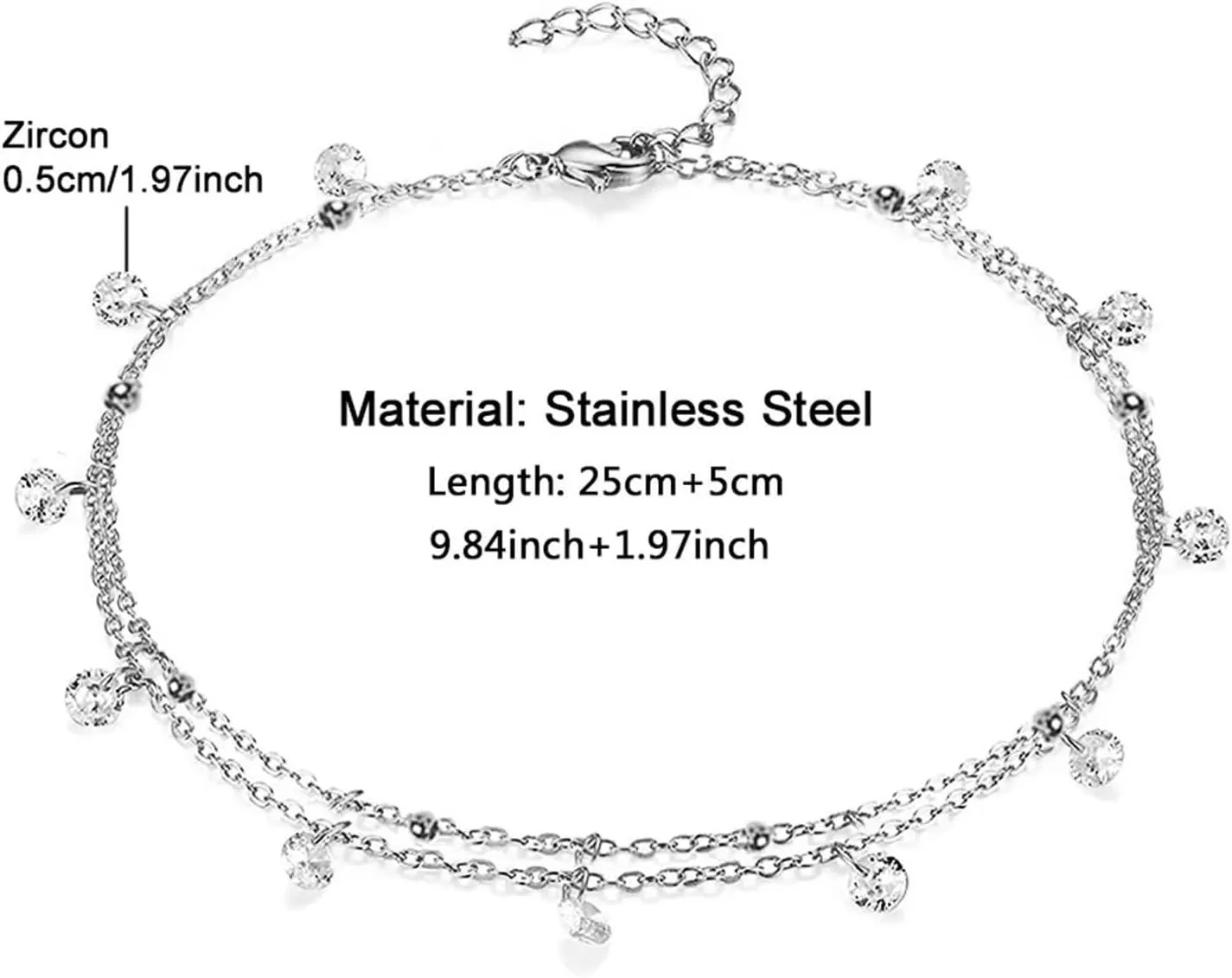Stainless Steel Anklets, Boho Anklet Women Double Chain with Cubic Zirconia Silver/Gold Foot Jewelry Beach Summer